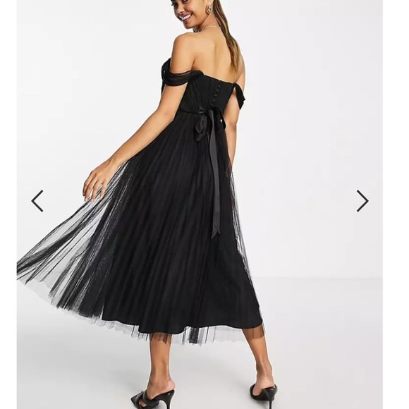 ASOS DESIGN off-shoulder, tulle, midi, tie back, pleated skirt - Black - US 4 - Picture 4 of 4